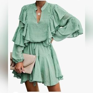MITILLY Women's Elegant Long Sleeve Dresses V Neck High Waist Ruffle Loose Flowy